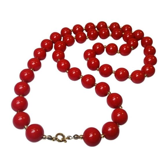Vintage Bright Red Ball Beaded Gold Tone Layering Statement Necklace 24.5" - Picture 2 of 3